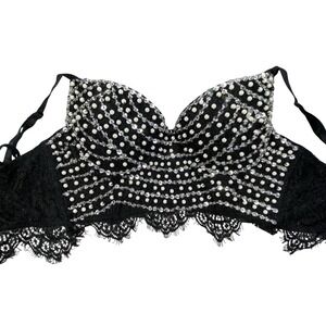Windsor Bustier Crop Top Small Black Pearl Rhinestone Coquette Glam Lace Gothic